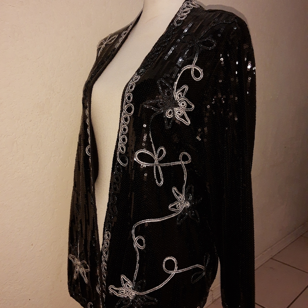 Black Cardigan with Silver Sequins Large